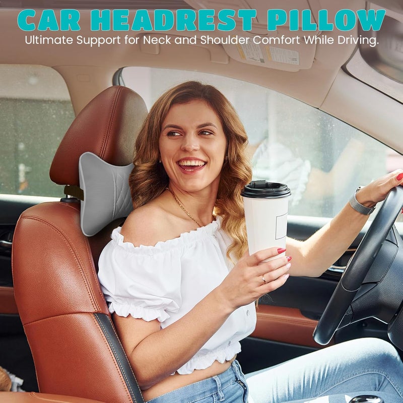 Synterior Set of 2 Quilted Faux Leather Car Headrest Pillow, Gray Case/Gray Threading, Ergonomic Neck Support for Comfortable Driving - Image 3